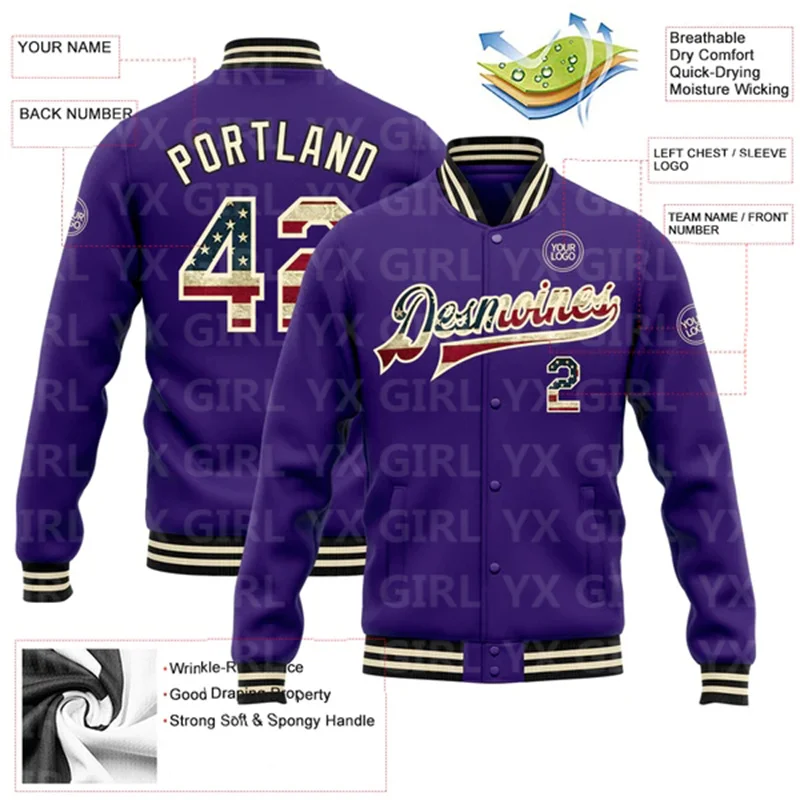 Custom Purple Vintage USA Flag OR-Black Bomber Full-Snap Varsity Letterman Jacket Baseball Button Jacket