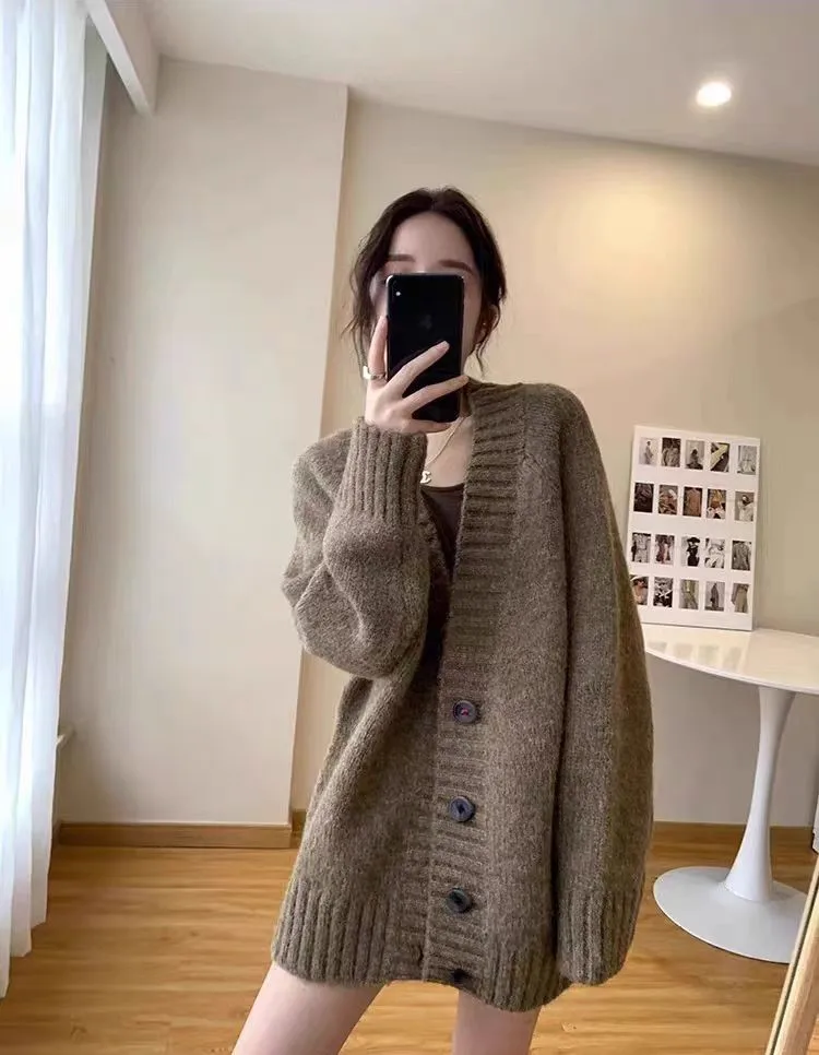 

Mid-Long Cardigans Dark Pink Womens Winter Comfortable Knitted Fur-Collar Thicker High-Necked Ribbed Rib-Knit Solid-Clothing Y2K