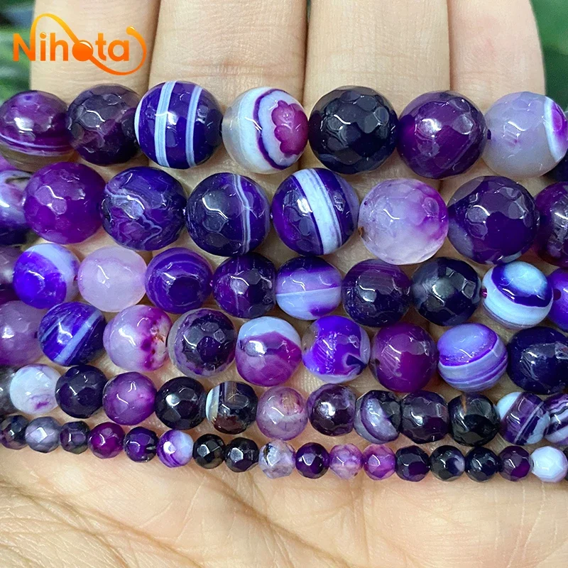 

Натуральный камень, фиолетовые полосатые граненые агаты, оникс, круглые свободные бусины 4/6/8/10/12 мм, аксессуары для браслетов «сделай сам», серьги, кольца 15 дюймов