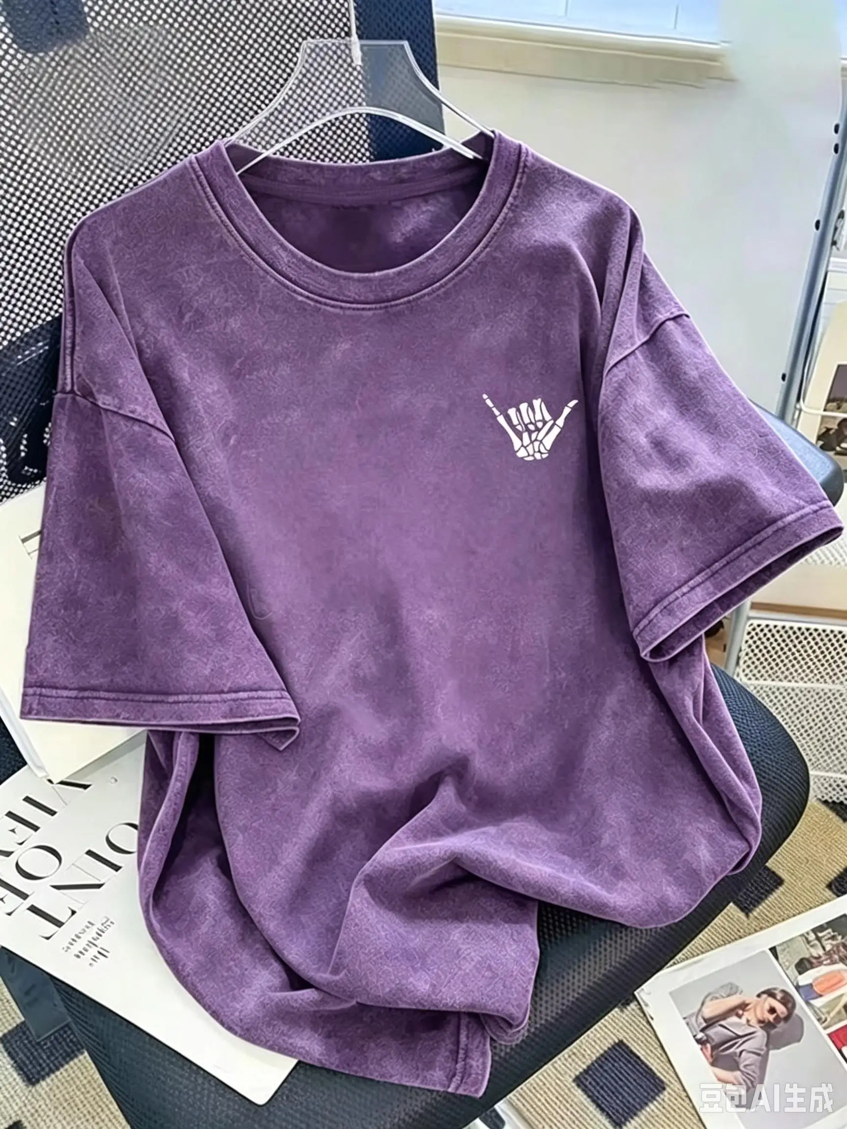 Tween Boys Vintage Washed Short Sleeve T‑Shirt Skull Hand Gesture Print American Street Style Loose Fit Crew Neck Personalized Casual Daily Tops