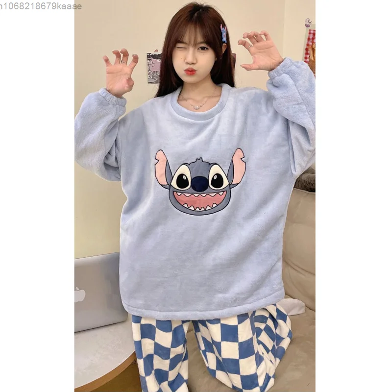 Stitch Women\'s Autumn And Winter Round Neck Long Sleeve Pajamas Korean Style Cute Print Home Clothes Sweet Y2k Girl Nightwear