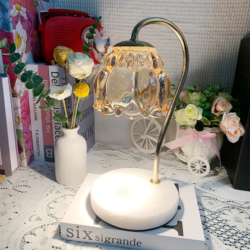 Aromatherapy Candle Desk Lamp Glass Lampshade Marble Base Romantic Ornament Bedhead Desk Lamp Molten Wax Lamp