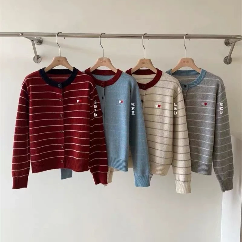 

Women's Striped Knit Cardigan Korean Fashion Cute Heart Embroidery Color Block Collar Sweater Preppy-style Slim Fit Short Jacket