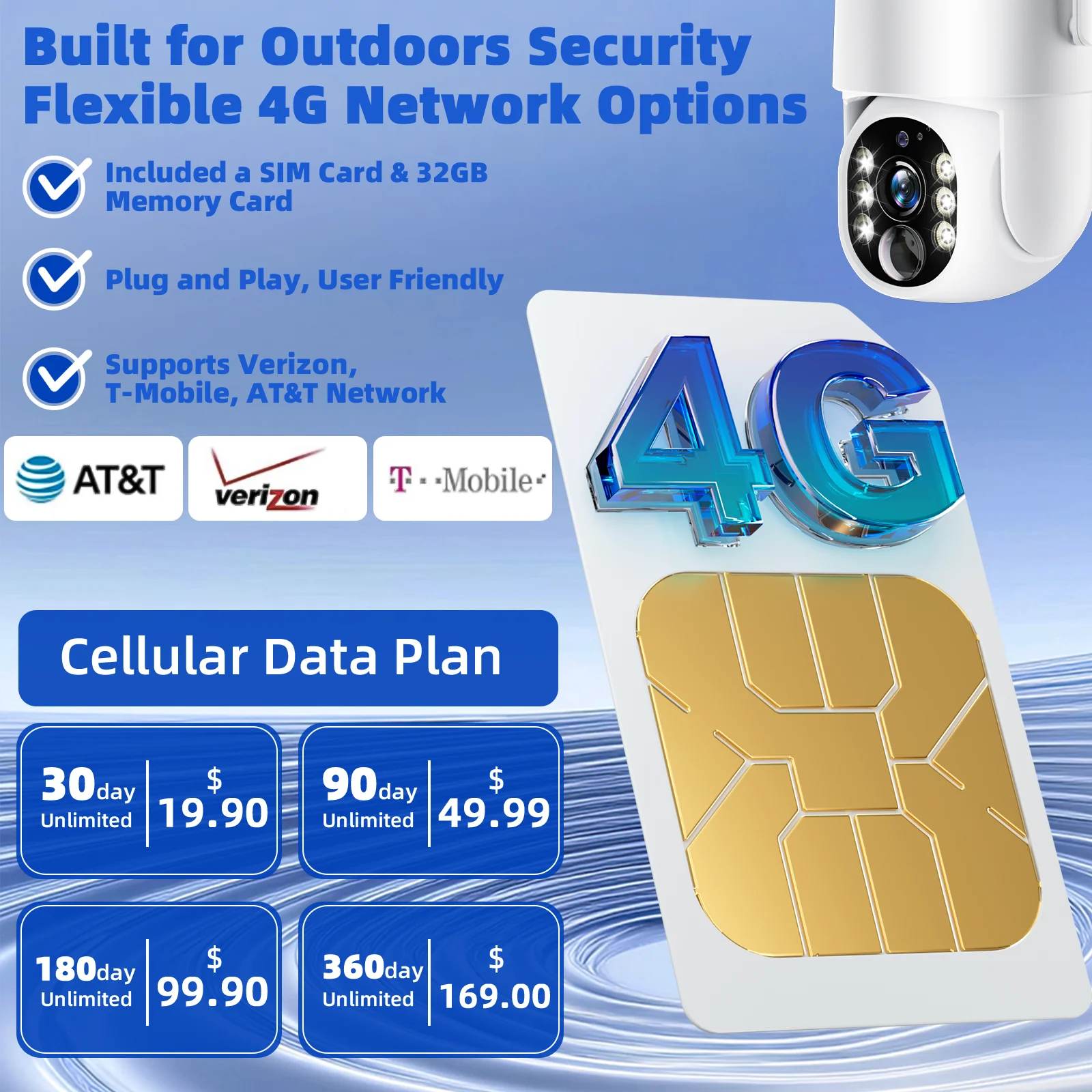1 Stück Solarkamera 4G LTE 4MP 3K Kein WiFi 360 °   AI Tracking Farbnachtsicht Integriertes 4G SIM & SD