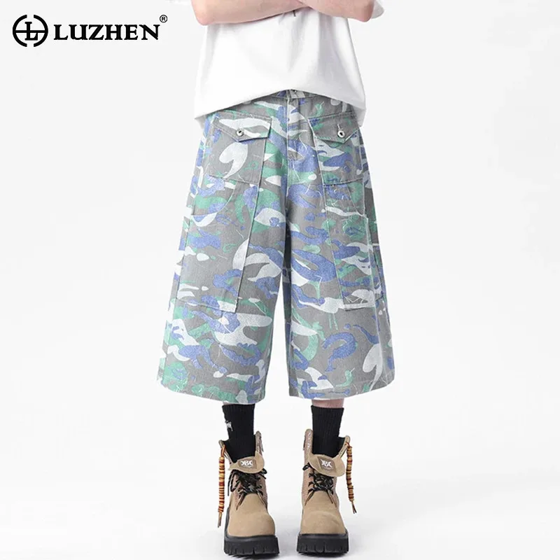 

LUZHEN 2025 Summer Trendy Camouflage Printed Wide Leg Cropped Denim Pants Men's Fashion Street Casual Jeans Male Clothes JY2442