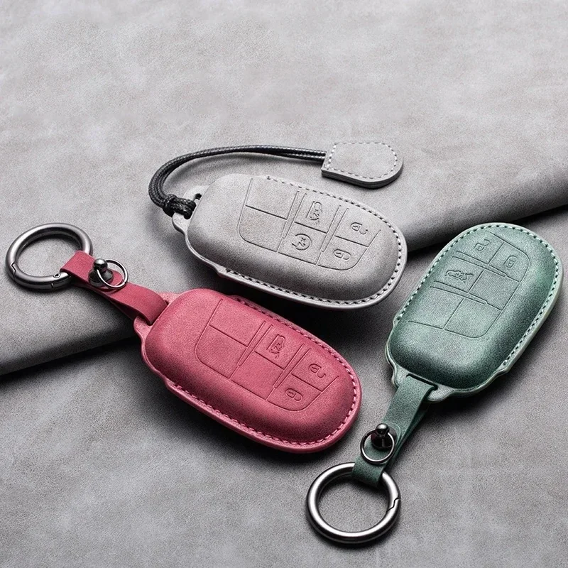Leather Car Key Case Cover Keychain for Jeep Wrangler Commander Compass Patriot Renegade Cherokee Grand Cherokee Keyring