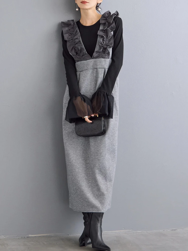 Faionable v-ne earlet renda guarnição colete saia longa outono inverno emagrecimento em camadas usar retro sle reunido cintura a linha saia