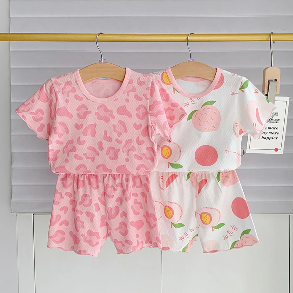 

2 Pcs Girls' Ice Silk Pajama Sets 2025 Summer Kids Home Clothes Women' Loungewear Baby Short Sleeve Shorts Tops Set For Children