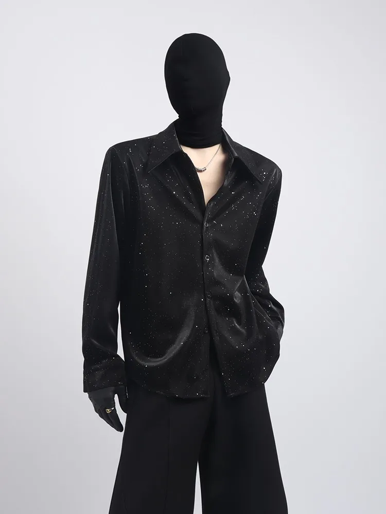 Korean Fashion Trendy Men's High-End Sequin Long-Sleeve Shirt Handsome  Casual Versatile Turn-Down Collar Long-Sleeve Shirt