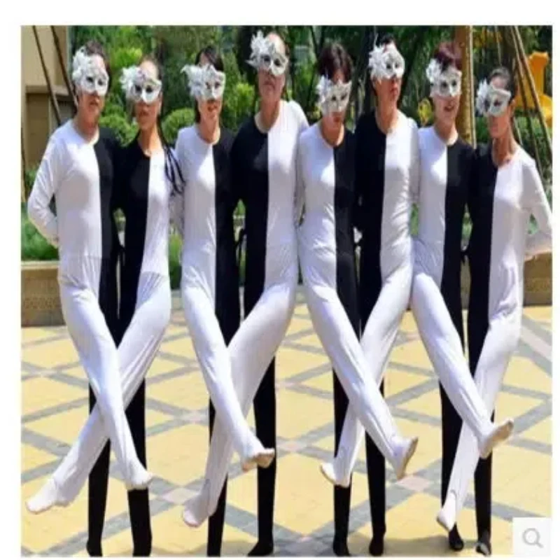 Adult Funny Dance Costume Black White Leg Visual Illusion Russian Dance Siamese Dance Clothing Men Women Stage Show Game Costume