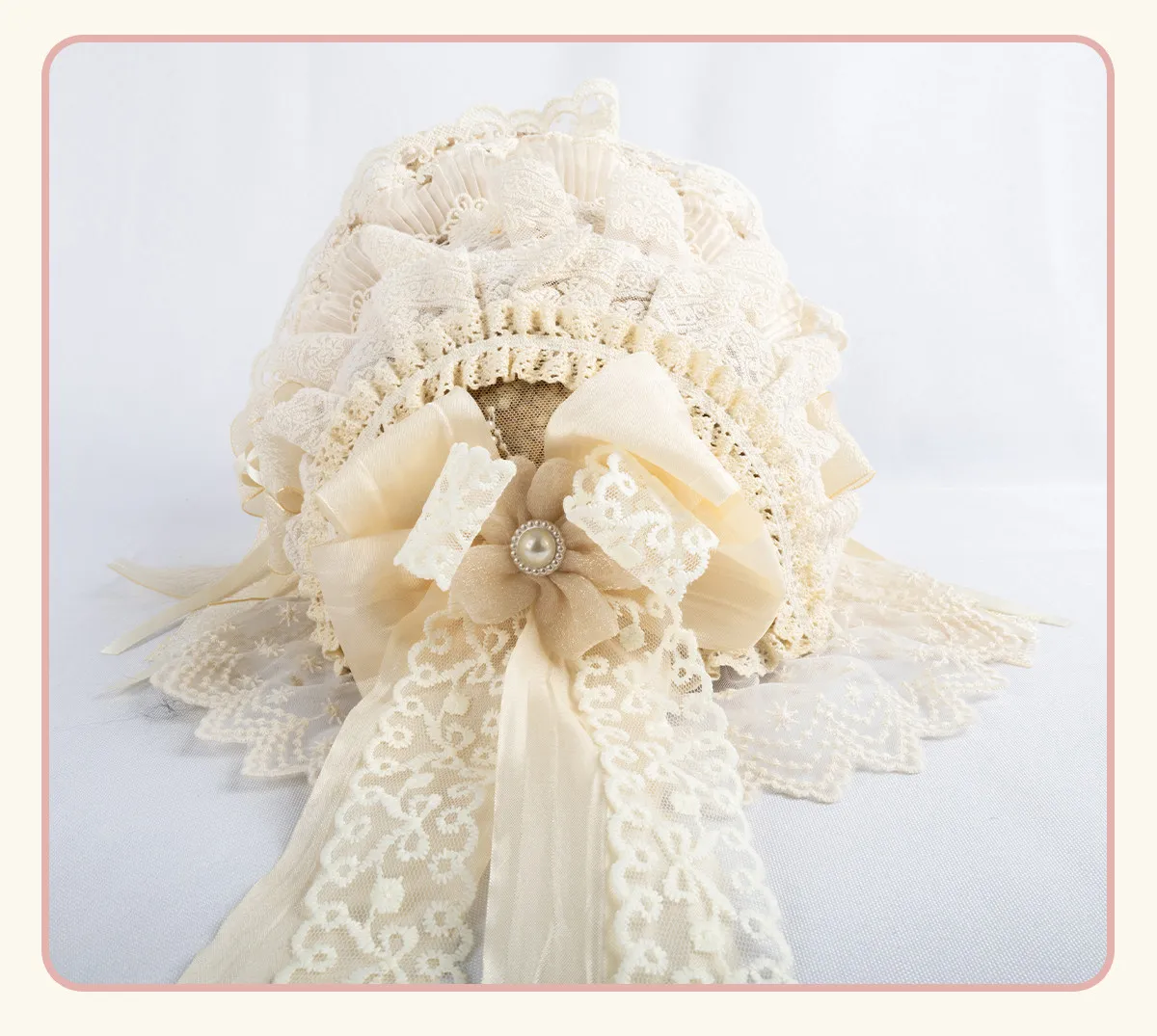 Handmade Lolita Original Cream Lace Flower Wedding Headgear BNT Flat Hat Lace Bow Headband