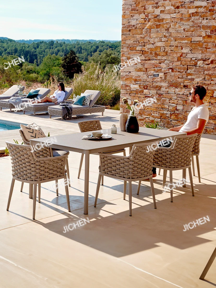 JCX Outdoor Leisure Rope Woven Long Table and Chair Combination Open-air Garden Courtyard Waterproof and Sunscreen Villa Living