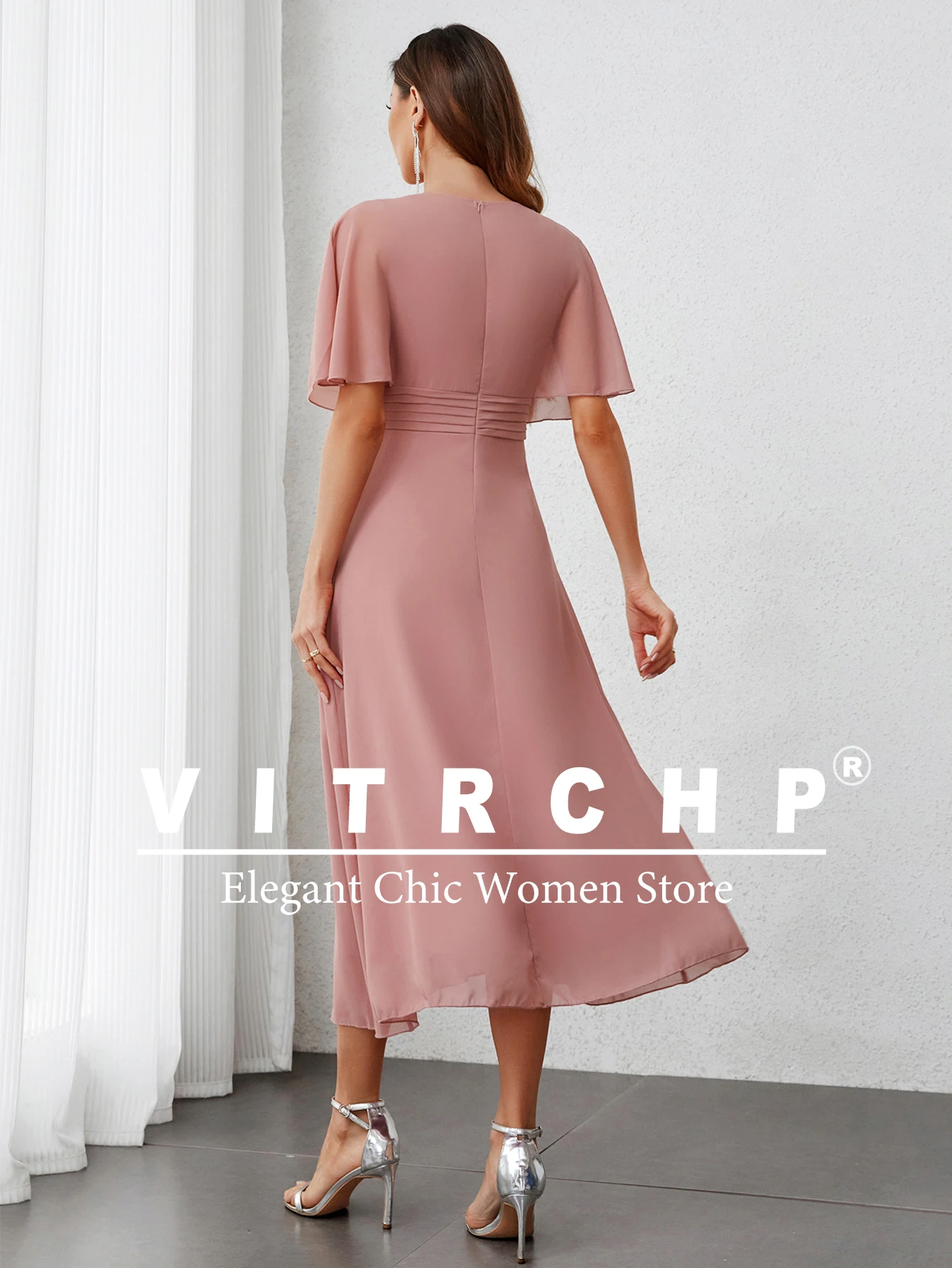 VITRCHP Evening Dresses Ruffles Sleeve Pleated V-Neck Midi 2025 Ever pretty of A-Line Dusty Pink Chiffon Wedding Guest Dress