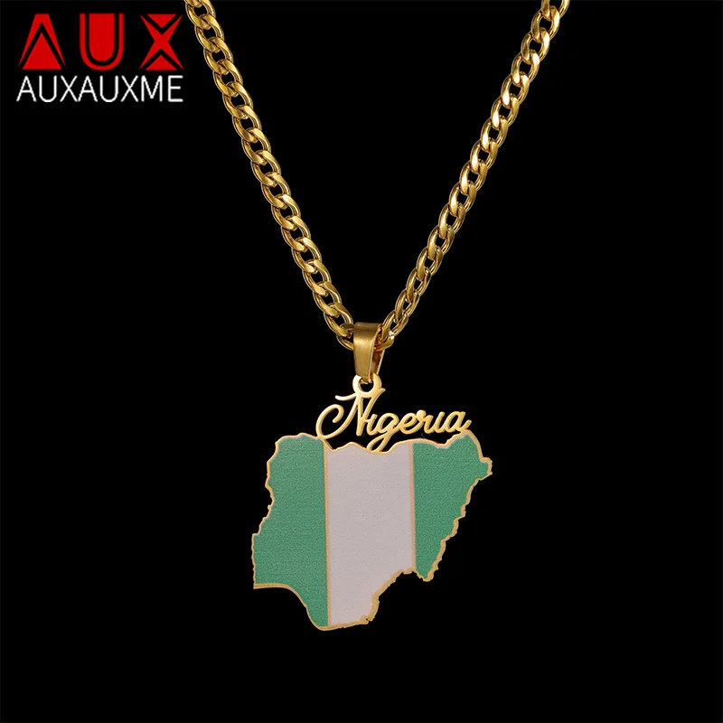 

Auxauxme Personalized Map Necklace for Women Men Stainless Steel Custom Color Picture Pendant Thick Chain Choker Jewelry Gift