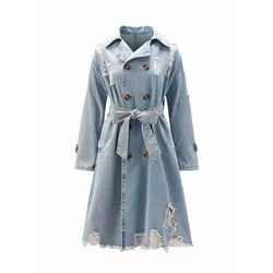 Spring and Autumn New Flavor Retro Denim Trench Coat Women Medium and Long Over The Knee Waist Temperament