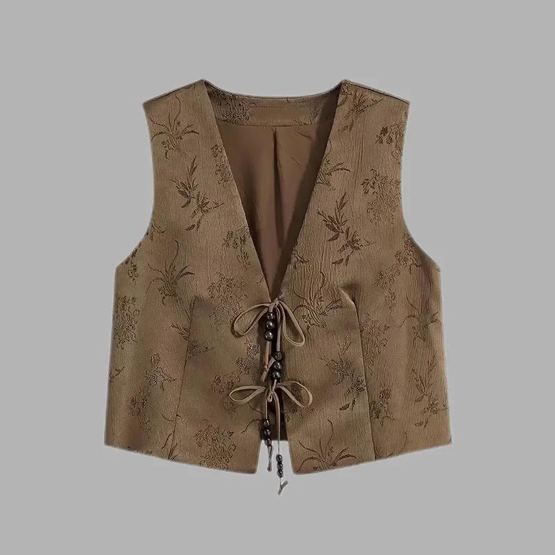 

Retro Chinese Style Fashionable Jacquard Vest Outer Top with Stylish Laces Versatile Slimming Sleeveless Waistcoat