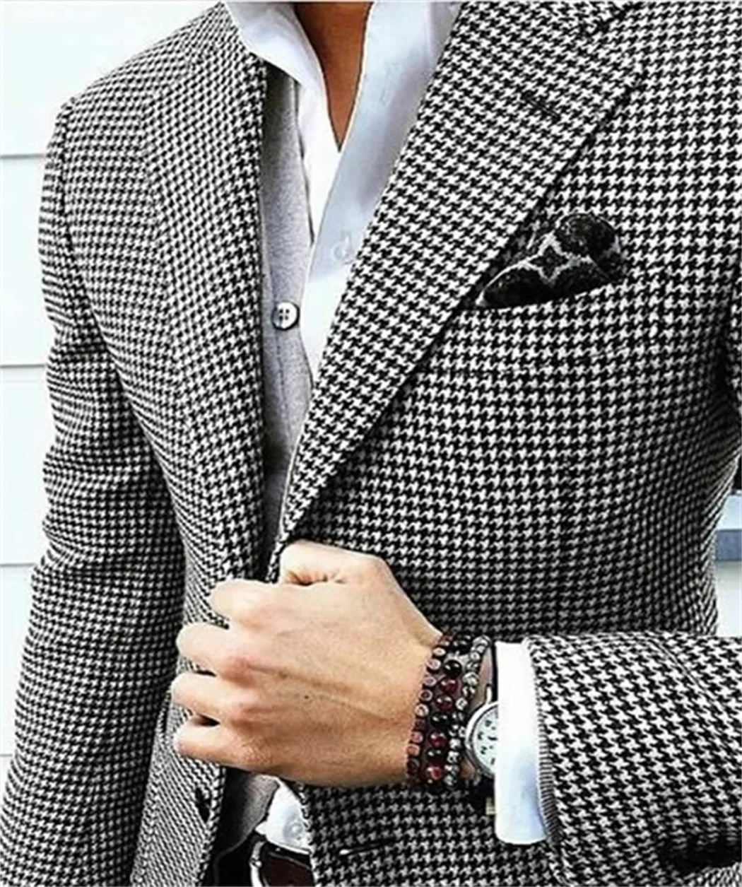 1Pieces Italian Style Men\'s Blazer Houndstooth Casual Man Suit Jacket Notched Lapel One Piece Check Wedding Coat for Prom Party