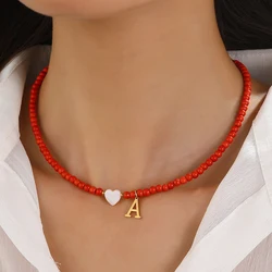 Stainless Steel Initial Letter Heart-shaped Pendant Choker Neck Red Beaded Necklace Accessories Handmade Jewelry Women One Piece