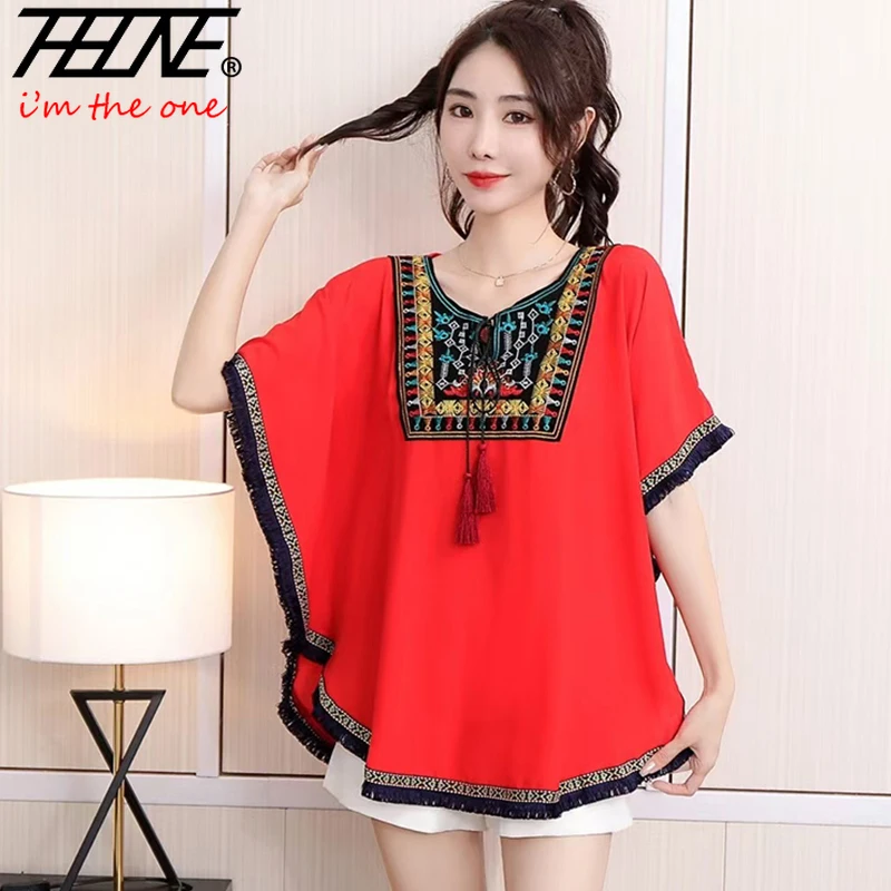THHONE Sommer Frau T-Shirts Stickerei Indie Folk Koreanische Beiläufige Lose Druck Vintage Mode Batwing Hülse frauen Kleidung Tops