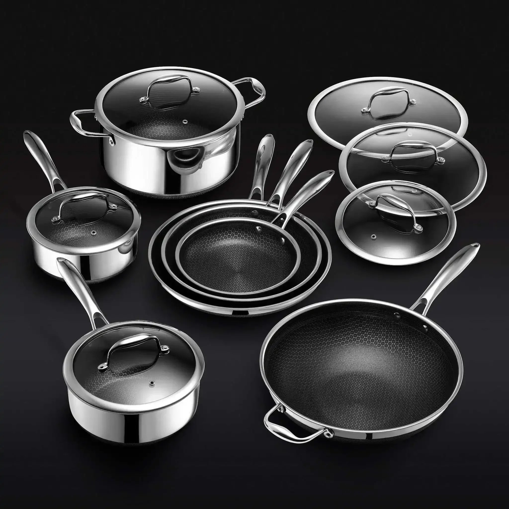 13 Pc HexClad Hybrid Cookware Set W/ Lids Wholesale Stainless Steel Wok Pan Honeycomb Nonstick Coating Fry Pan