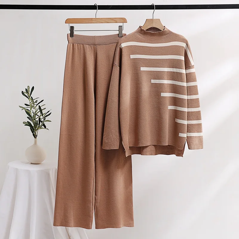 

Stripe Knit Two Piece Set Women Loose Wide Leg Pant and Long Sleeve Sweater Outfit Fashion Winter Elegant Casual Two Piece Set