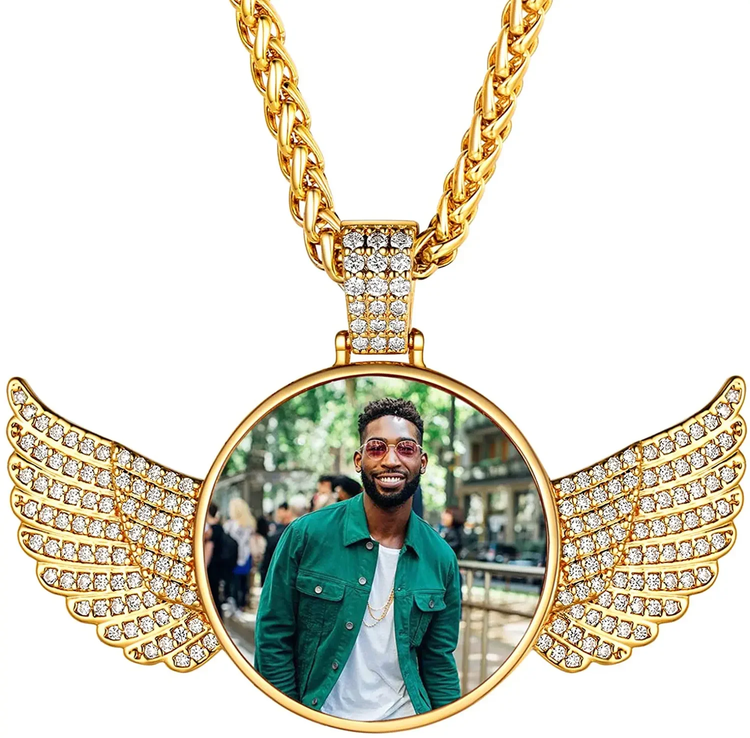 U7 Iced Out Custom Picture Necklace With Wings Bling Jewelry DIY Full CZ Pendant Personalized Hip Hop Necklace for Women Men