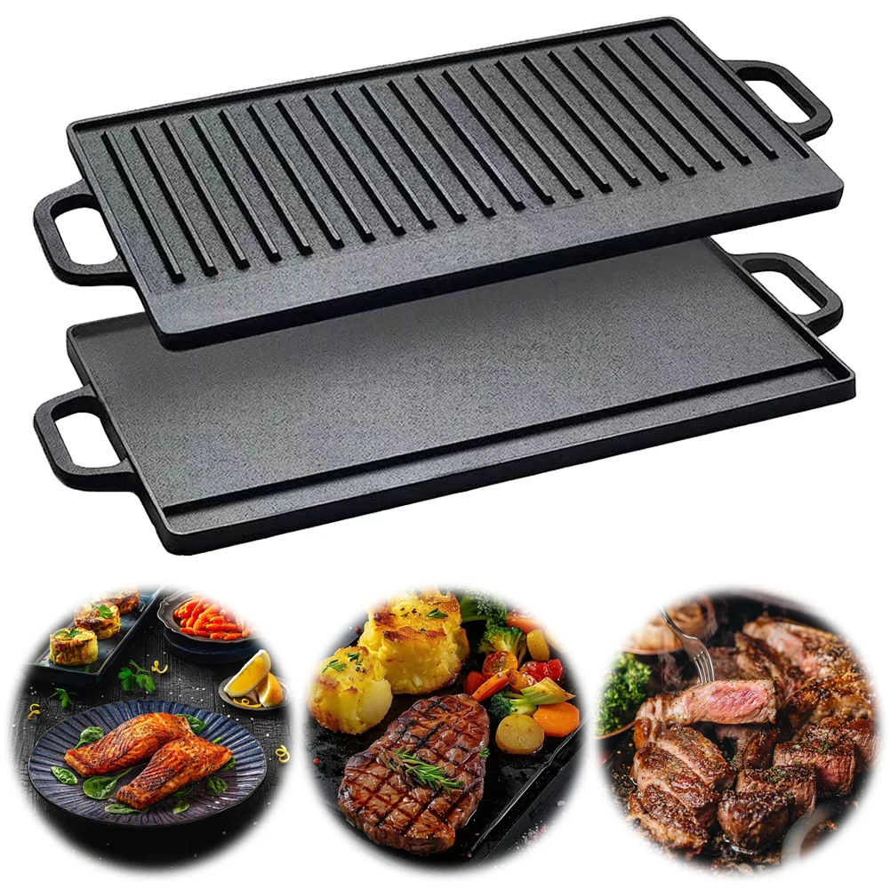 Cast Iron Grill Plate Double Sided Griddle Pan with Double Handles for Steaks Broil Bread Eggs Pancakes Vegetables