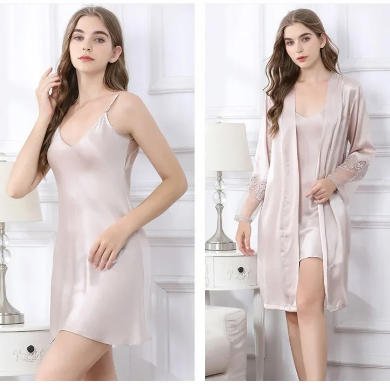 

Pure Silk 2pcs Woman Pajamas Sleepwear Lace Robe Set Sexy Lingerie Bathrobe Nightdress Suit 100% Mulberry Silk Nightgown Robes