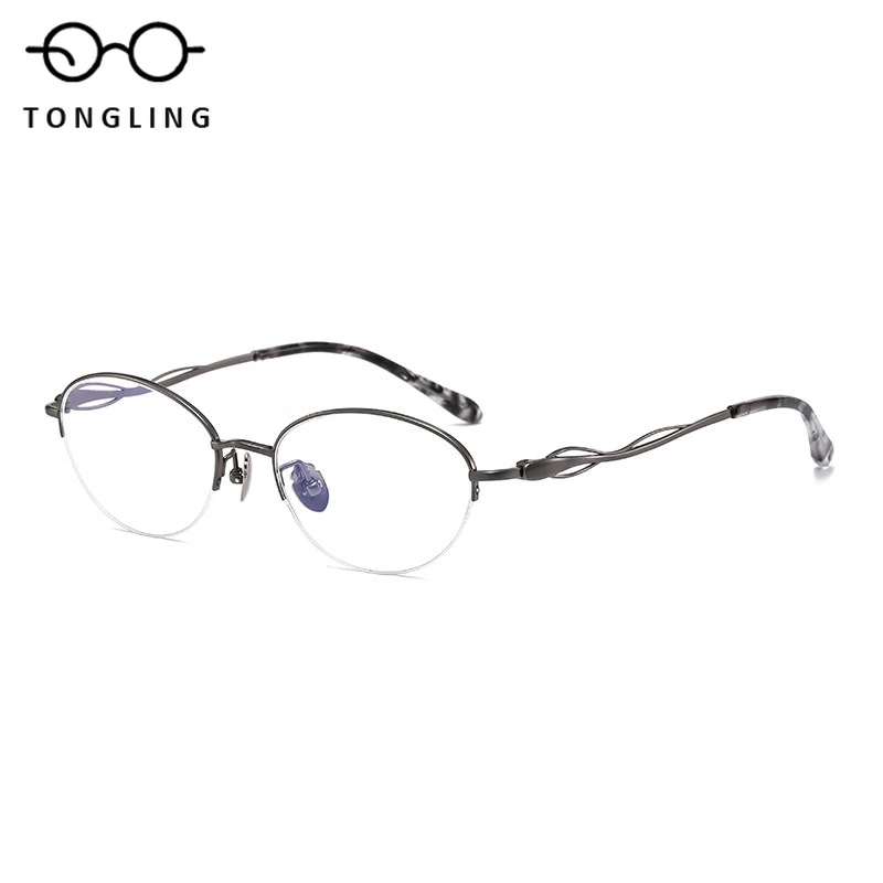 

Designer Semi-Frame Ladylike Ultra-Light Pure Titanium Retro Men Oval-Shaped Personalized and Versatile Commuting Glasses Frame