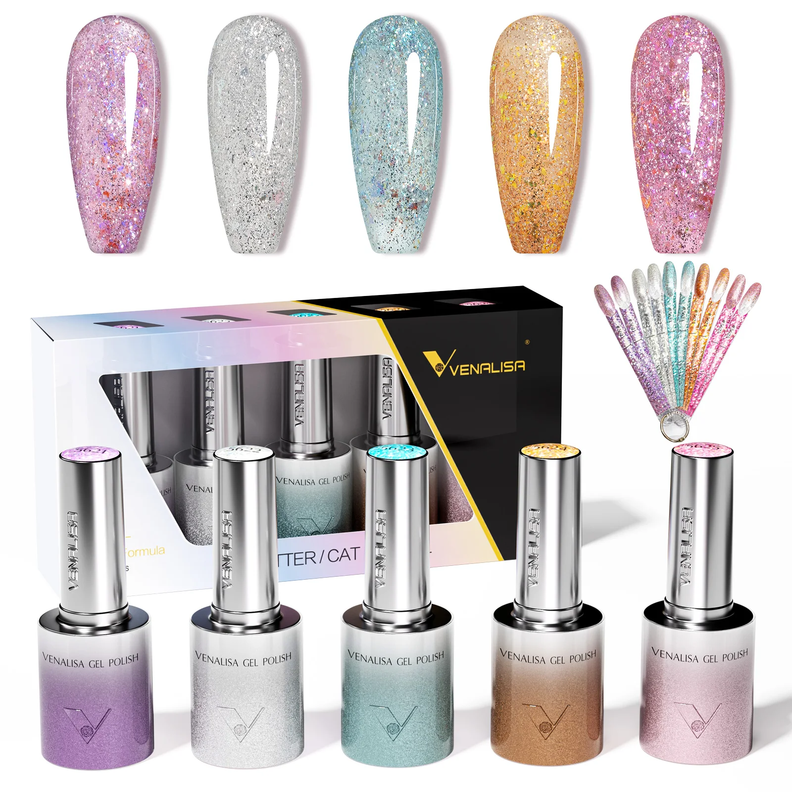 5 pezzi Venalisa Hema/TPO Kit tavolozza di colori per smalto gel per unghie Cat Eye gratuito Ultra Glitter Diamond Sparkle Soak Off Set di vernici UV LED