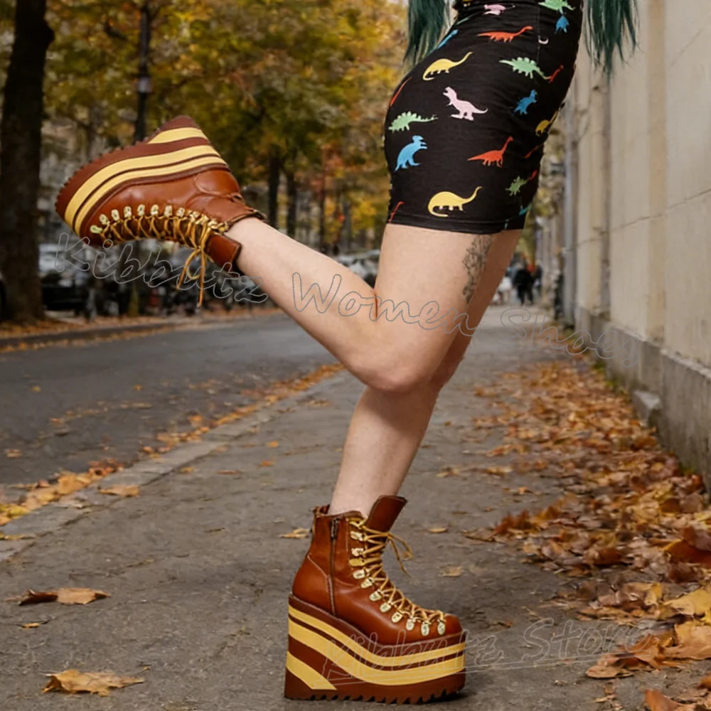 Ankle Boots Platform Mixed Color Leather Women Shoes Round Toe Wedges Thick Bottom Lace-Up Fashion Luxury Elegant Concise Newest
