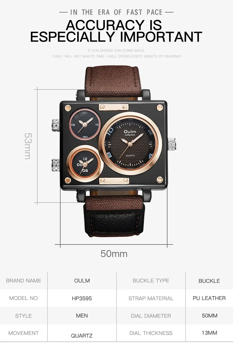 OULM Brand New Style Men\'s Watches Luxury Unique Designer Watches Men Fashion Square Big Face 3 Time Zone Casual Quartz Watch