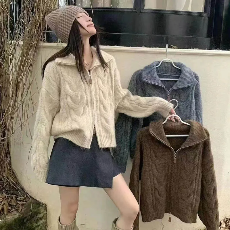 Atmosfera retrò pigra, cardigan lavorato a maglia da donna con doppia cerniera, ampio e sottile in autunno, dolce top corto a maniche lunghe 12