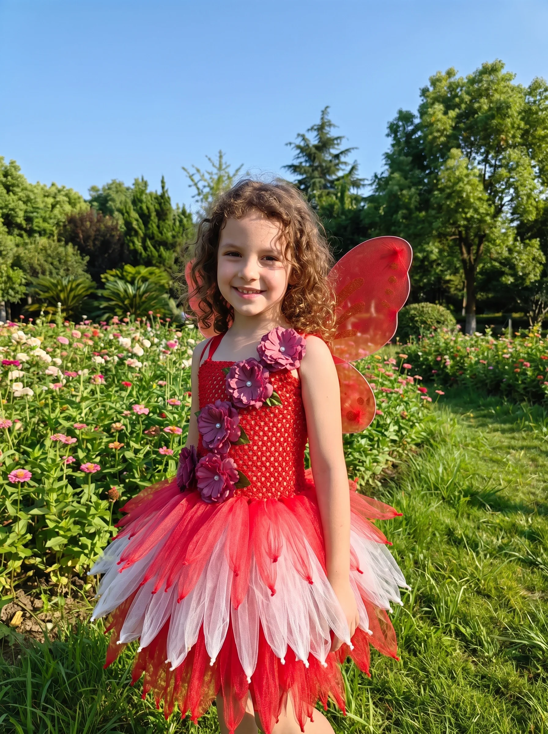 Girls Red Dress Butterfly Wing Tutu Costume Flower Decor Kids Halloween Party Outfit Princess Cosplay Role Play Clothes