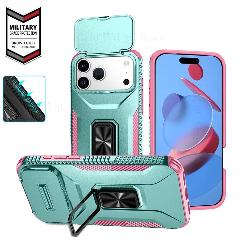 

For Apple 17 Pro Max Heavy Duty Armor Shockproof Kickstand Case For iPhone 17 Air 15 14 16 Pro Max Magnetic Ring Lens Protector
