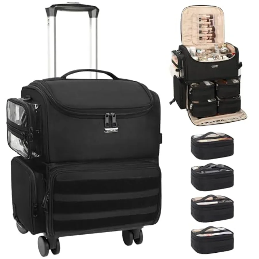 

Косметический чемодан Relavel на колесах с 4 прозрачными сумками, профессиональный набор для визажистов, сумки для хранения косметики