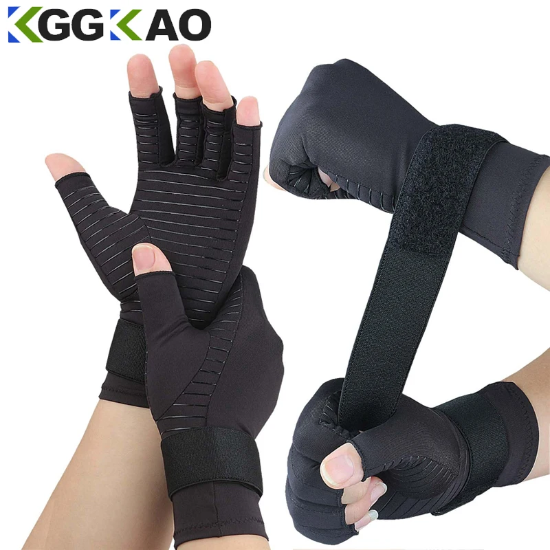 1Pair Copper Arthritis Gloves with Adjustable Wrist Strap for Women & Men for Pain,Fingerless Compression Gloves for Arthritis