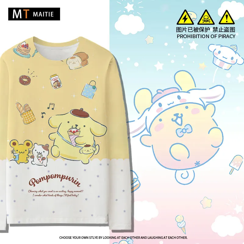 Autumn Pudding Dog Long sleeved T-shirt Women's Instagram Trend Versatile Children's Autumn Sanrio Co branded Clothes Girl