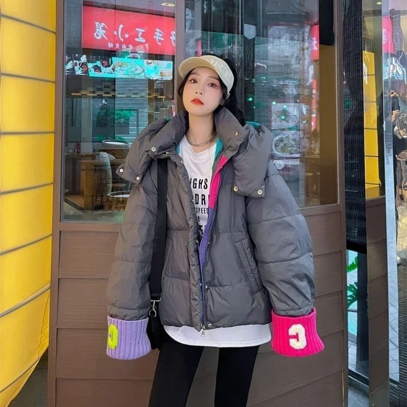 oversize thickened Warm Parka Winter Jacket Women Knit Patchwork Hooded Puffer Jacket Long Sleeve Korean cotton-padded jacket