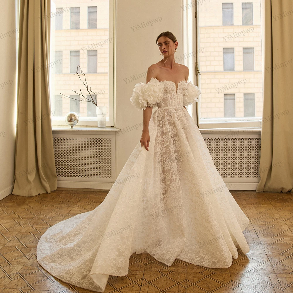 

Princess Lace Bride Gowns Flowers Off Shoulder Sweetheart A-Line Sweep Train Wedding Dresses Luxury 2025 Backless Customized