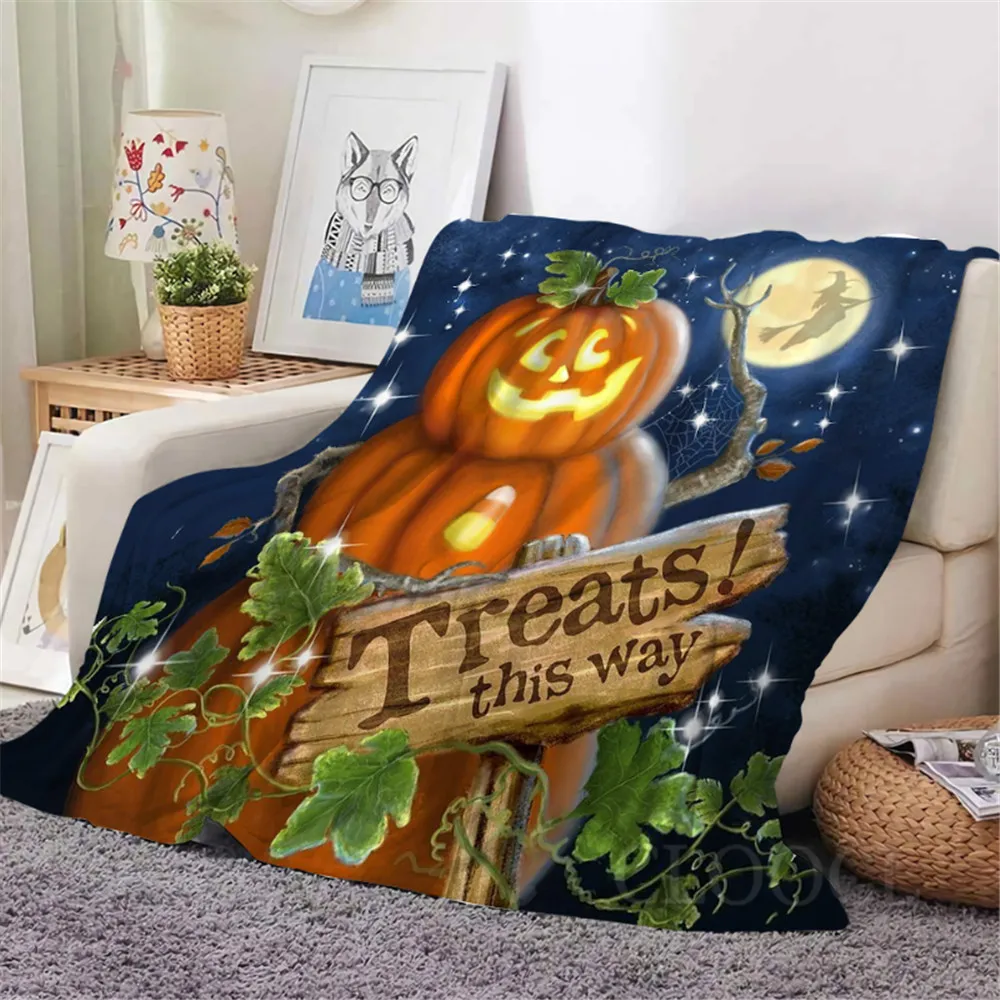 

HX Halloween Blanket Treats This Way Funny Pumpkin 3D Printed Keep Warm Plush Quilts Festival Decro Gifts for Girls Boys