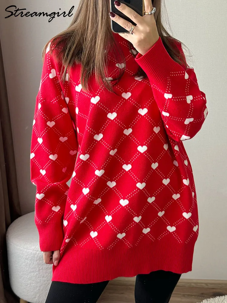 Winter Long Sweaters Hearts Women Oversize Knit Tops Red Pullovers Women\'s Long Jumpers Winter Casual Sweaters For Women 2024