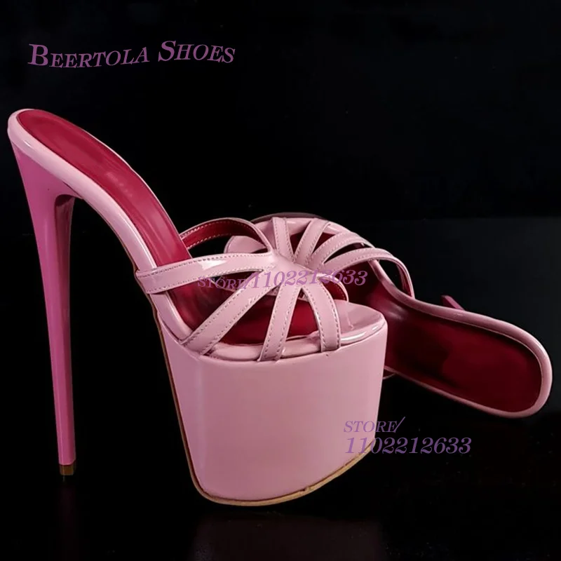 Pink Hollow Sandals Stilettos Women Open Heels 15Cm Platform Cute Girl Peep Toe Open Heel Sexy Rose Red Sporty Dance Shoes Party