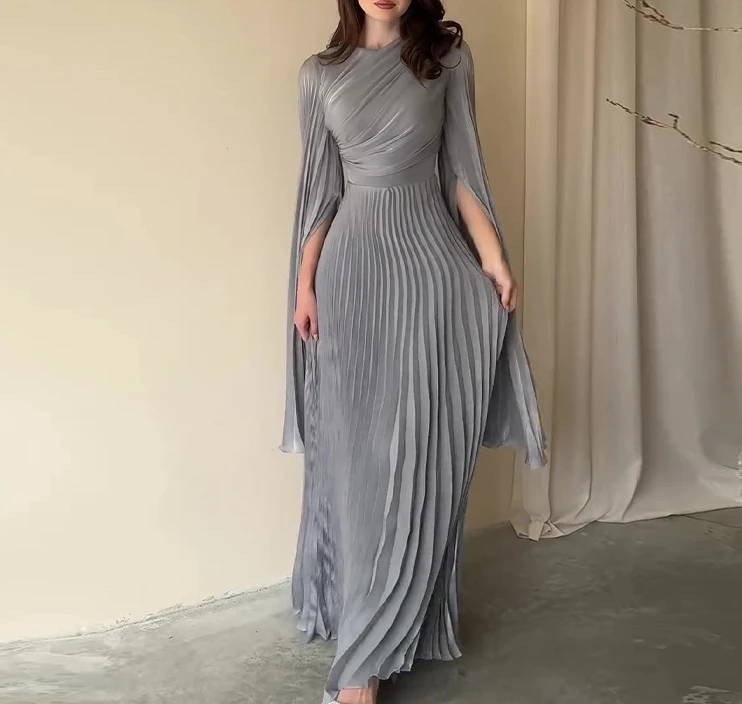 

Women's round neck long sleeved commuter style 2024 summer new solid color waist cinched fairy style long evening gown