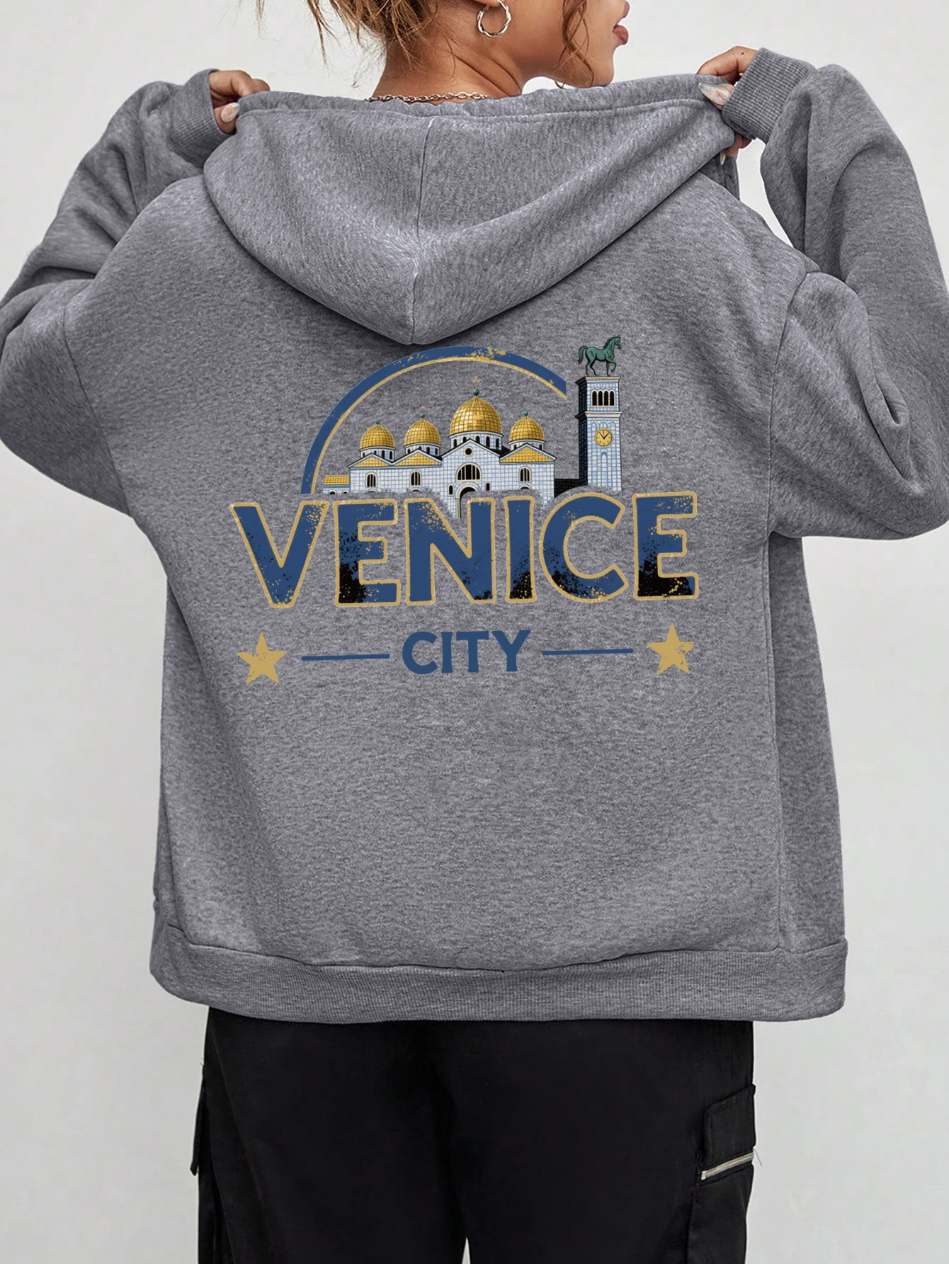 

Креативные женские толстовки на молнии с принтом замка Венеции, модная повседневная толстовка с капюшоном, флисовая осенняя толстовка с карманами, женская одежда больших размеров