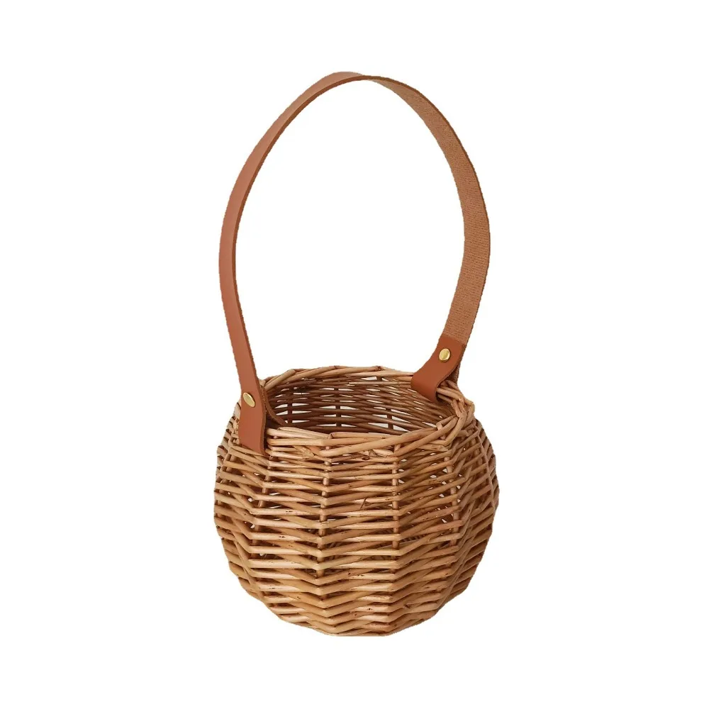 Brown Hanging Flower Basket Round Photo Props Storage Basket Desktop Ornament Pu Belt Wicker Hand-held Basket Balcony Terrace