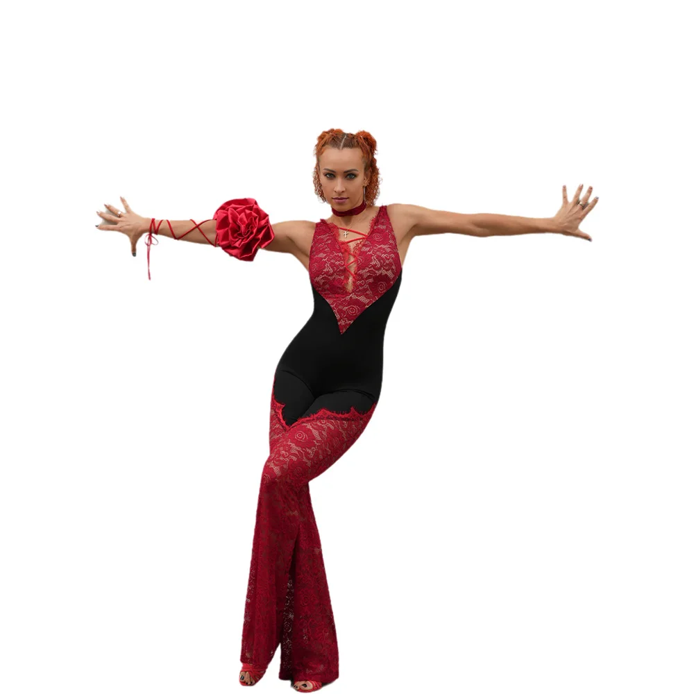فستان الرقص اللاتيني للأطفال البالغين الراقية الأسود والأحمر المرقعة بذلة من الدانتيل التانغو الملابس النسائية المهنية