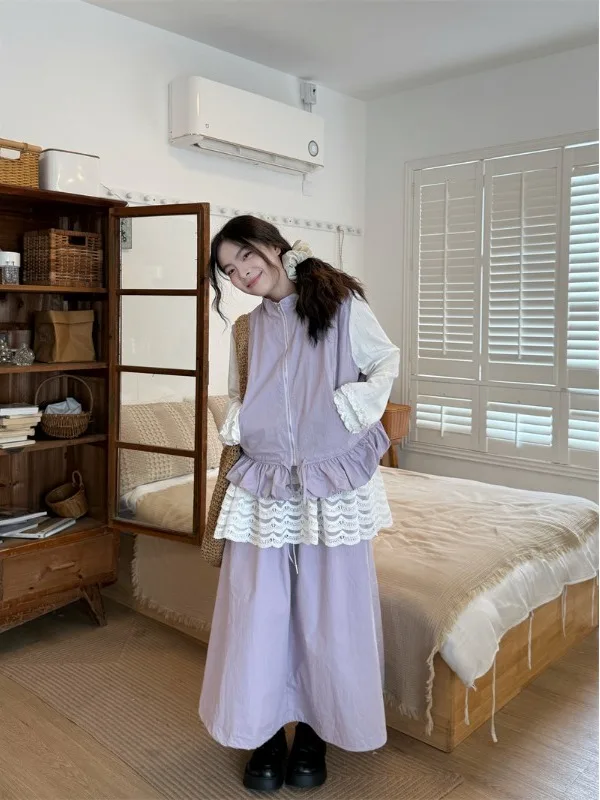 

Корейский стиль: Новинка Весна 2026 – Женский комплект из двух предметов: многослойный жилет без рукавов и юбка с высокой талией (маленький размер)