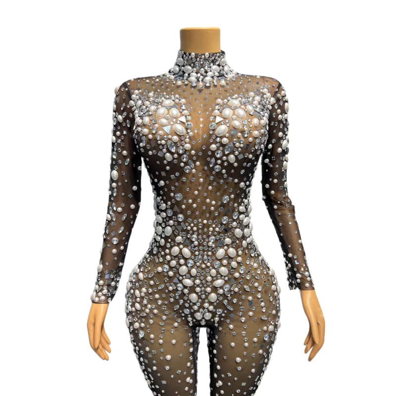 Sexy Female Black Jumpsuit Costume Sparkling Crystals Rhinestones Occident Bar Nightclub Jazz Dancing Performance Sequin Outfits