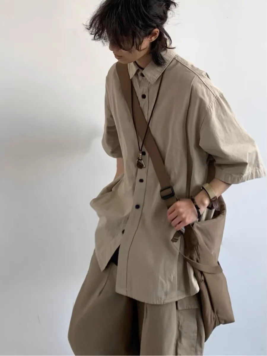 

Retro Japanese Sle ort Sve Workwear irt ex Summer Casual Five-Button Loose Fit Ne Color Student Wear
